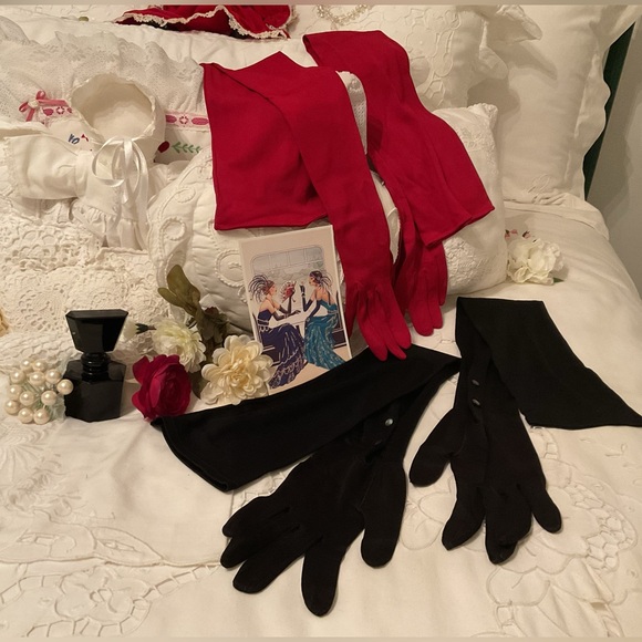 TWO PAIRS OF VINTAGE 1950’s EVENING OPERA GLOVES ONE RED ONE BLACK